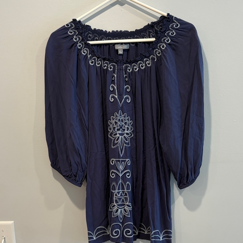 NY Collection Navy Blouse with Embroidery